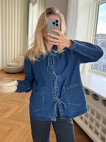 PLNOTME Womens Jean Jacket Tie Front Denim Shacket Tops Fall Fashion Long Sleeve Shirts Coat with Pockets in Saudi Arabia