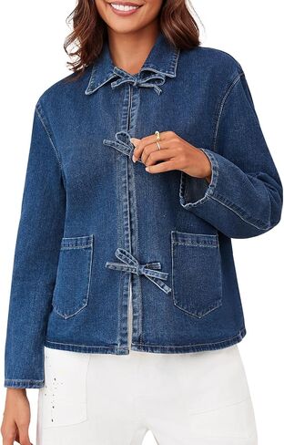 PLNOTME Womens Jean Jacket Tie Front Denim Shacket Tops Fall Fashion Long Sleeve Shirts Coat with Pockets in Saudi Arabia