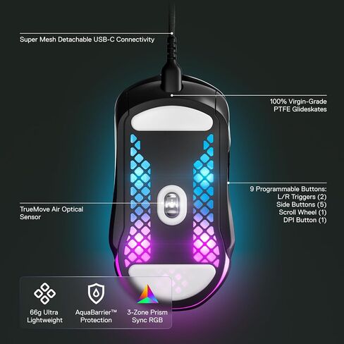 SteelSeries Aerox 5 Wireless - Holey RGB Gaming Mouse - Ultra-lightweight Water Resistant Design - 9 Buttons – Bluetooth/2.4 GHz - 18K DPI TrueMove Air Optical Sensor | 74g lightweight design with 9 programmable buttons and 18000 CPI for precision, durabi in Kuwait
