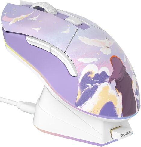 DAREU Sakura Pink Wireless Gaming Mouse with Charging Dock Rechargeable RGB,12K DPI,6 Programmable Buttons High-Precision Sensor [300IPS] [1000Hz] for PC Notebook Mac in Saudi Arabia