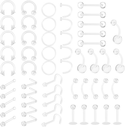 Yolev 55pcs Clear Nose Studs for Work Clear Nose Rings for Surgery Sports Plastic Clear Nose Piercing Jewelry Retainers Flexible Clear Nipple Septum Eyebrow Studs Industrial Piercing Jewelry 14G16G20G in Saudi Arabia