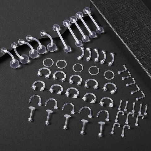 Yolev 55pcs Clear Nose Studs for Work Clear Nose Rings for Surgery Sports Plastic Clear Nose Piercing Jewelry Retainers Flexible Clear Nipple Septum Eyebrow Studs Industrial Piercing Jewelry 14G16G20G in Saudi Arabia