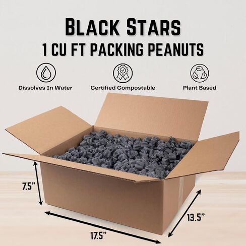 Magicwater Supply - 1 Cu Ft - Black Star Shaped Recycled Anti Static Packing Peanuts - Compostable & Biodegradable Cushion for Shipping - Dust-Free & Abrasion Resistant - Void Filler in Saudi Arabia