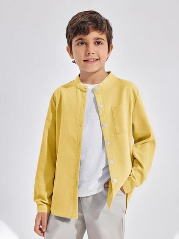 Haloumoning Boys Linen Henley Shirt Button Down Long Sleeve Shirts 5-14 Years in Saudi Arabia