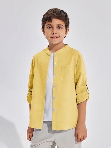 Haloumoning Boys Linen Henley Shirt Button Down Long Sleeve Shirts 5-14 Years in Saudi Arabia