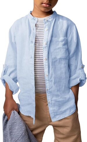 Haloumoning Boys Linen Henley Shirt Button Down Long Sleeve Shirts 5-14 Years in Saudi Arabia