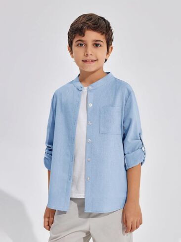 Haloumoning Boys Linen Henley Shirt Button Down Long Sleeve Shirts 5-14 Years in Saudi Arabia