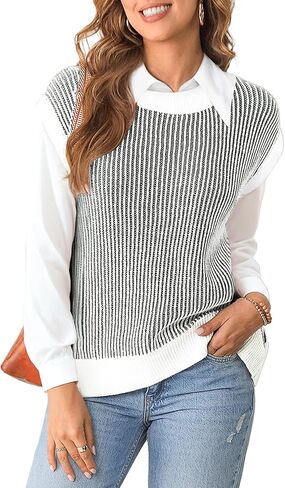EVALESS Womens Cap Sleeve Striped Sweater Vest Casual Crewneck Loose Fit Knit Pullover Tops Fall Clothes 2024 in Saudi Arabia