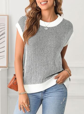 EVALESS Womens Cap Sleeve Striped Sweater Vest Casual Crewneck Loose Fit Knit Pullover Tops Fall Clothes 2024 in Saudi Arabia