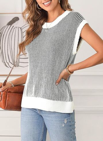 EVALESS Womens Cap Sleeve Striped Sweater Vest Casual Crewneck Loose Fit Knit Pullover Tops Fall Clothes 2024 in Saudi Arabia