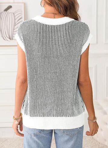 EVALESS Womens Cap Sleeve Striped Sweater Vest Casual Crewneck Loose Fit Knit Pullover Tops Fall Clothes 2024 in Saudi Arabia