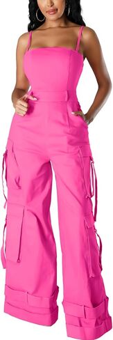 SHINFY Women's 2024 Cargo Jumpsuit Spaghetti Strap Y2K Wide Leg Baggy Loose Cargo Pants Overall Rompers in Saudi Arabia