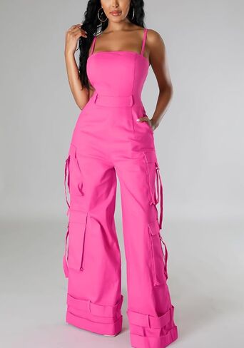 SHINFY Women's 2024 Cargo Jumpsuit Spaghetti Strap Y2K Wide Leg Baggy Loose Cargo Pants Overall Rompers in Saudi Arabia