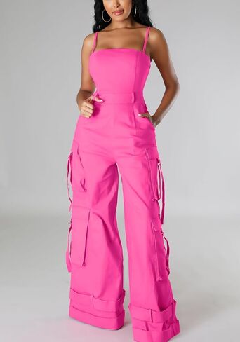 SHINFY Women's 2024 Cargo Jumpsuit Spaghetti Strap Y2K Wide Leg Baggy Loose Cargo Pants Overall Rompers in Saudi Arabia
