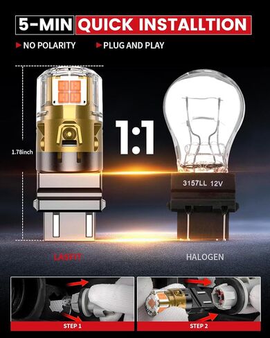 مصابيح إشارة الانعطاف LED LASFIT 3157، ترقية فائقة السطوع باللون الأصفر الكهرماني 3156 3057 4157 4057 LED، مصابيح بديلة مع جهاز عرض لأضواء العلامات الجانبية الوامضة الخلفية، قطعتان in Kuwait