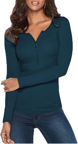 Poetsky Women's Henley Shirts Long Sleeve V Neck Layering Tops Rib Thermal Fitted Underscrub Tshirt in Kuwait
