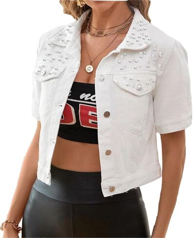 LifeShe Women's Pearls Denim Jacket Casual Short Sleeve Cropped Jean Jackets Coats in Saudi Arabia