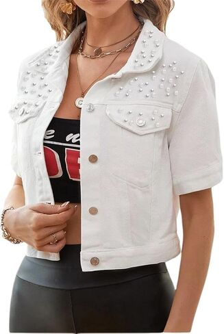LifeShe Women's Pearls Denim Jacket Casual Short Sleeve Cropped Jean Jackets Coats in Saudi Arabia