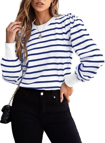 Dokotoo Women's Striped Sweaters Puff Long Sleeve Crewneck Ribbed Knit Pullover Jumper Tops in Saudi Arabia