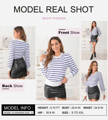 Dokotoo Women's Striped Sweaters Puff Long Sleeve Crewneck Ribbed Knit Pullover Jumper Tops in Saudi Arabia
