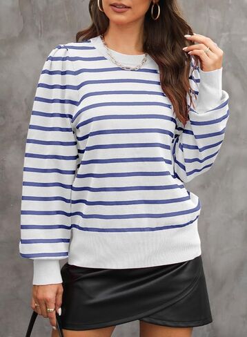 Dokotoo Women's Striped Sweaters Puff Long Sleeve Crewneck Ribbed Knit Pullover Jumper Tops in Saudi Arabia