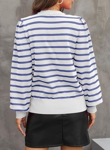 Dokotoo Women's Striped Sweaters Puff Long Sleeve Crewneck Ribbed Knit Pullover Jumper Tops in Saudi Arabia