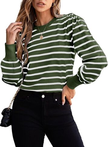 Dokotoo Women's Striped Sweaters Puff Long Sleeve Crewneck Ribbed Knit Pullover Jumper Tops in Saudi Arabia