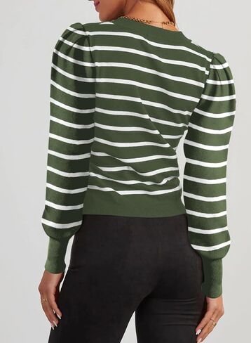 Dokotoo Women's Striped Sweaters Puff Long Sleeve Crewneck Ribbed Knit Pullover Jumper Tops in Saudi Arabia