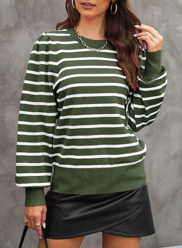 Dokotoo Women's Striped Sweaters Puff Long Sleeve Crewneck Ribbed Knit Pullover Jumper Tops in Saudi Arabia