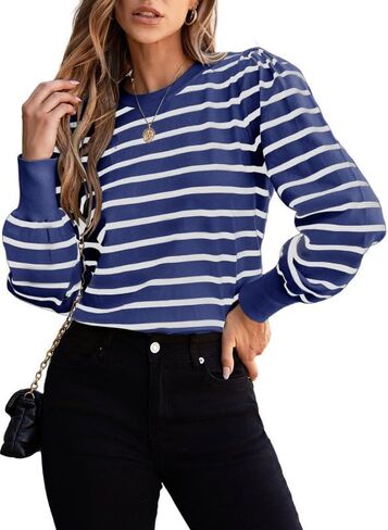 Dokotoo Women's Striped Sweaters Puff Long Sleeve Crewneck Ribbed Knit Pullover Jumper Tops in Saudi Arabia
