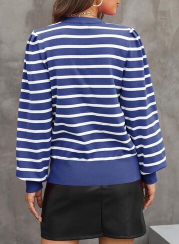 Dokotoo Women's Striped Sweaters Puff Long Sleeve Crewneck Ribbed Knit Pullover Jumper Tops in Saudi Arabia