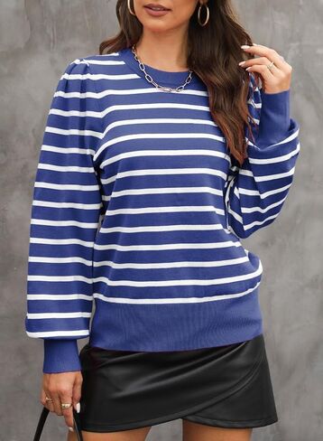 Dokotoo Women's Striped Sweaters Puff Long Sleeve Crewneck Ribbed Knit Pullover Jumper Tops in Saudi Arabia