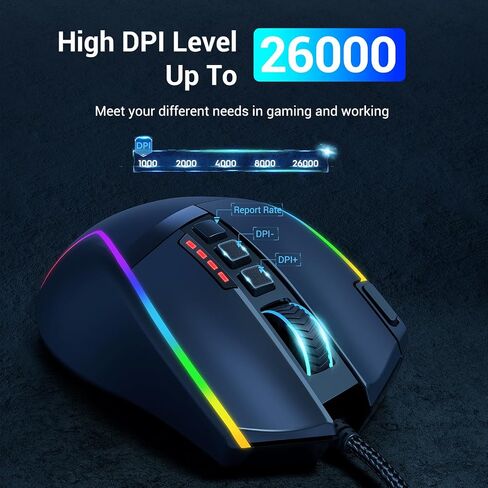 ماوس الألعاب اللاسلكي Redragon، ماوس مريح 16000 نقطة في البوصة مع مفتاح إطلاق سريع، 9 أزرار ماكرو، سعة طاقة متينة تصل إلى 170 ساعة وماوس سلكي/لاسلكي بإضاءة خلفية RGB لأجهزة الكمبيوتر المحمول/Mac/PC in Kuwait