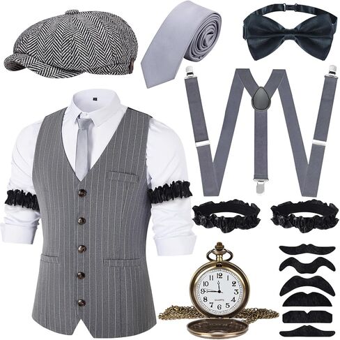 مجموعة إكسسوارات تنكرية للرجال من العشرينيات من القرن العشرين، أزياء رورينغ 20 ثانية للرجال، سترة غاتسبي العصابات للرجال للهالوين، أزياء الحفلات in Kuwait