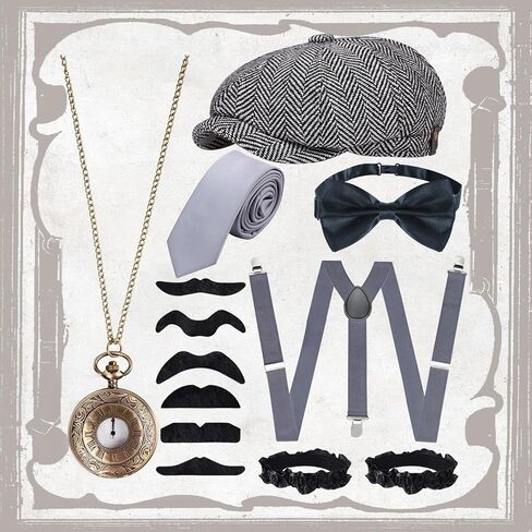 مجموعة إكسسوارات تنكرية للرجال من العشرينيات من القرن العشرين، أزياء رورينغ 20 ثانية للرجال، سترة غاتسبي العصابات للرجال للهالوين، أزياء الحفلات in Kuwait