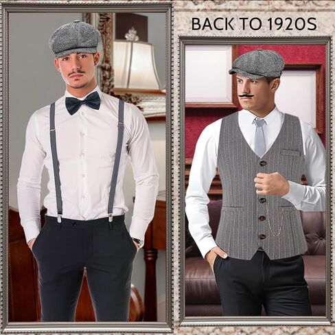 مجموعة إكسسوارات تنكرية للرجال من العشرينيات من القرن العشرين، أزياء رورينغ 20 ثانية للرجال، سترة غاتسبي العصابات للرجال للهالوين، أزياء الحفلات in Kuwait