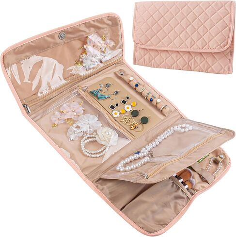 Framendino, Pink Travel Jewelry Case Organizer Foldable Jewelry Storage Roll Jewelry Travel Pouch Wallet for Earrings Rings Necklaces Bracelets in Saudi Arabia