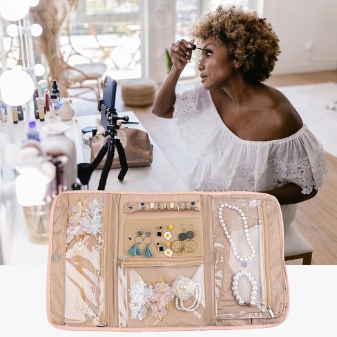 Framendino, Pink Travel Jewelry Case Organizer Foldable Jewelry Storage Roll Jewelry Travel Pouch Wallet for Earrings Rings Necklaces Bracelets in Saudi Arabia