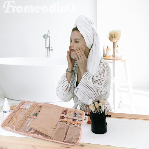 Framendino, Pink Travel Jewelry Case Organizer Foldable Jewelry Storage Roll Jewelry Travel Pouch Wallet for Earrings Rings Necklaces Bracelets in Saudi Arabia