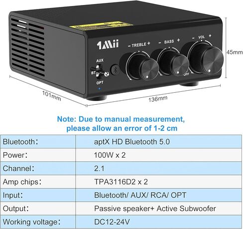 مضخم صوت رقمي بلوتوث 1Mii، جهاز استقبال مضخم صوت ستيريو بلوتوث 5.0 طويل المدى 2.1 قناة صغيرة هاي فاي بلوتوث لمكبرات الصوت المنزلية، التحكم في الجهير والتريبل in Kuwait