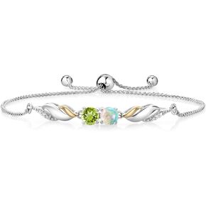 Gem Stone King 925 Silver and 10K Yellow Gold Round Cabochon White Simulated Opal Green Peridot and White Lab Grown Diamond Tennis Bracelet For Women (1.07 Cttw, Fully Adjustable Up to 9 Inch)