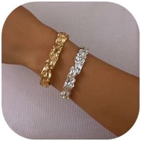 2PC Gold Cuff Bracelets Set For Women Adjustable Open Stack Arm Cuff Upper 18K Gold Plated Bangle Hammered Textured Trendy Irregular Statement Chunky Bracelets Fashion Cute Jewelry