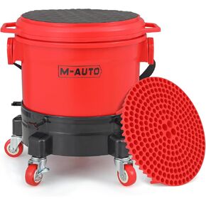 M-AUTO 5 Gallon Rolling Bucket Dolly with Dirt Trap and 5 Rolling Swivel Caster, Sit-able & Non-Slip Lid, Rolling Bucket for Car Washing and Detailing, Black & Red