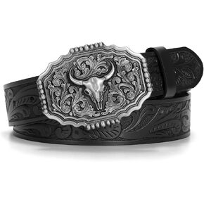Western Belts for Woman Men, Cowboy Cowgirl Belt Embossed Western Country Bull Buckle Leather Belts for Jeans