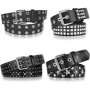 4 Piece Studded Rivet Double Grommet Belt Set - Faux Leather Gothic Goth Black - Punk Style Accessories for Men Women - Ideal Gift