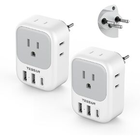 TESSAN Brazil Plug Adapter 2 Pack, 7 in 1 US to Brazil Power Adapter with 3 USB Ports (1 USB-C Port) 4 American Outlets, Type N Travel Adaptor for USA to Brazilian