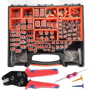 634PCS 50Kits DT Connector Kit, Crimping Tool for Deutsch Connectors, Terminal Removal Tool, 2 3 4 6 8 12 Pin Waterproof Automotive Electrical Wire Connector, Size 16 Stamped Contacts 14-18AWG