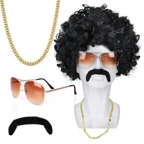 MOVINPE 80s Mullet Wig for Men 80s Wigs Rocker Accessories Sunglass Necklace Moustache Halloween Costume 1980s 1990s Party (Long/Mullet/Brown)