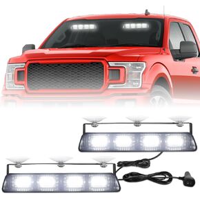 HLauto 2002L Emergency Dash Strobe Lights: 2x8.5 inch Amber White Safety Lights, 48 LED Flashing Warning Hazard Windshield Visor Traffic Light Bars for Trucks, Construction Vehicles