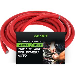 سلك GearIT ذو 4 قياسات (25 قدمًا - أحمر شفاف) من الألومنيوم المطلي بالنحاس CCA - سلك طاقة أساسي للسيارات/أرضي، كابل بطارية، مكبر صوت للسيارة، مقطورة RV، أمبير، كهربائي 4ga AWG 25 قدم